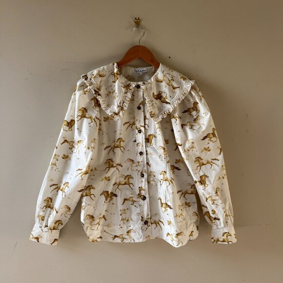 Ganni Tops - GANNI Horse Print Ruffle Collar Shirt – “Weston” – Organic Cotton – Size 36